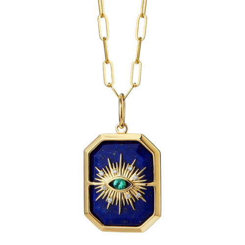 Syna 18kt Yellow Gold Chakra Evil Eye Lapis Lazuli,  Emerald and Diamond Pendant