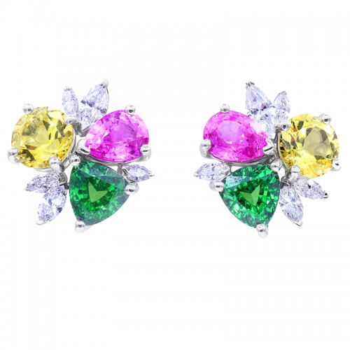 Oscar Heyman Platinum Pink Sapphire, Green Tsavorite, Yellow Beryl and Diamond Earrings