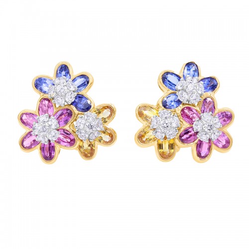 Oscar Heyman 18kt White Gold Blue, Pink and Yellow Sapphire and Diamond Earrings
