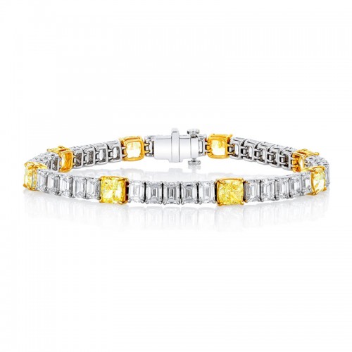 Korman Signature Platinum and Yellow Gold Yellow Asscher and Emerald Diamond Tennis Bracelet