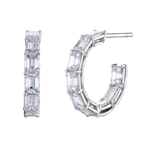 Korman Signature 18kt White Gold Emerald Cut Diamond Hoop Earrings