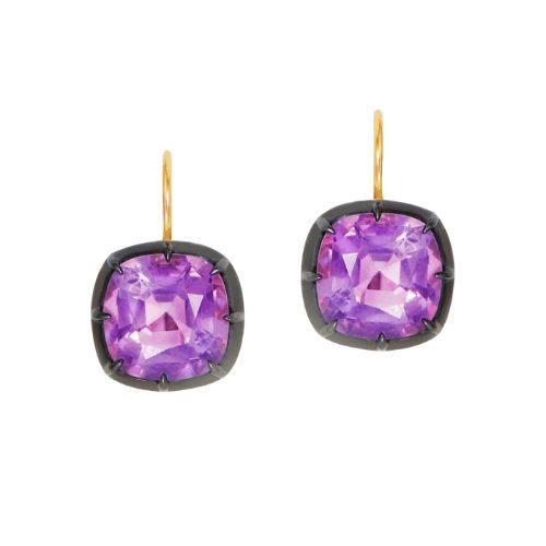 Kwiat 18K Yellow Gold & Silver Topped Signed Fred Leighton Cushion Amethyst Earrings