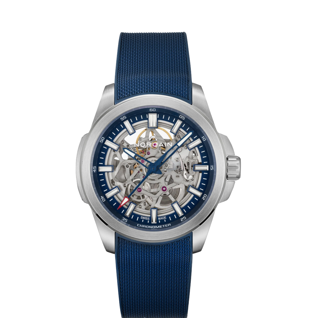 Norqain Independence Skeleton 42MM Stainless Steel with Blue Accented Dial with Blue Milainaise Rubber Strap