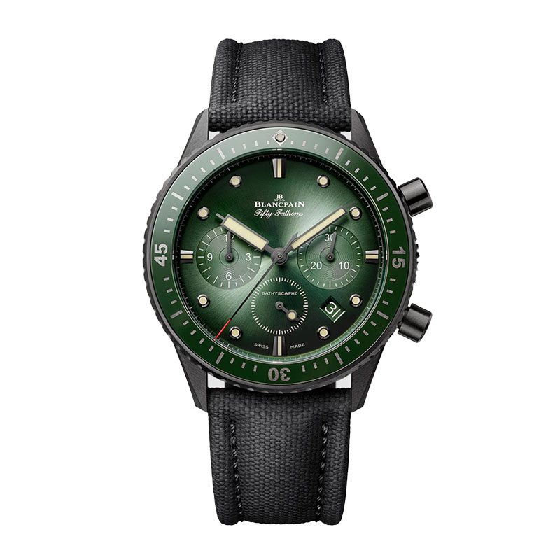 Blancpain Fifty Fathoms Bathyscaphe Chronograph Flyback  43mm Ceramic Green Dial Sail Canvas Strap Pin Buckle