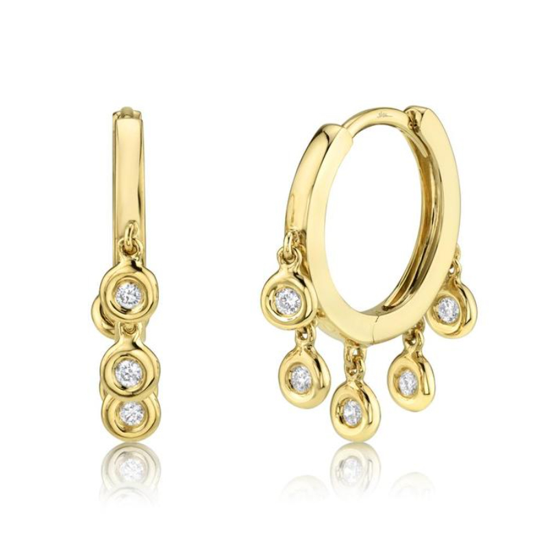 Pave Diamond Fringe Yellow Gold Drop Hoop Earrings