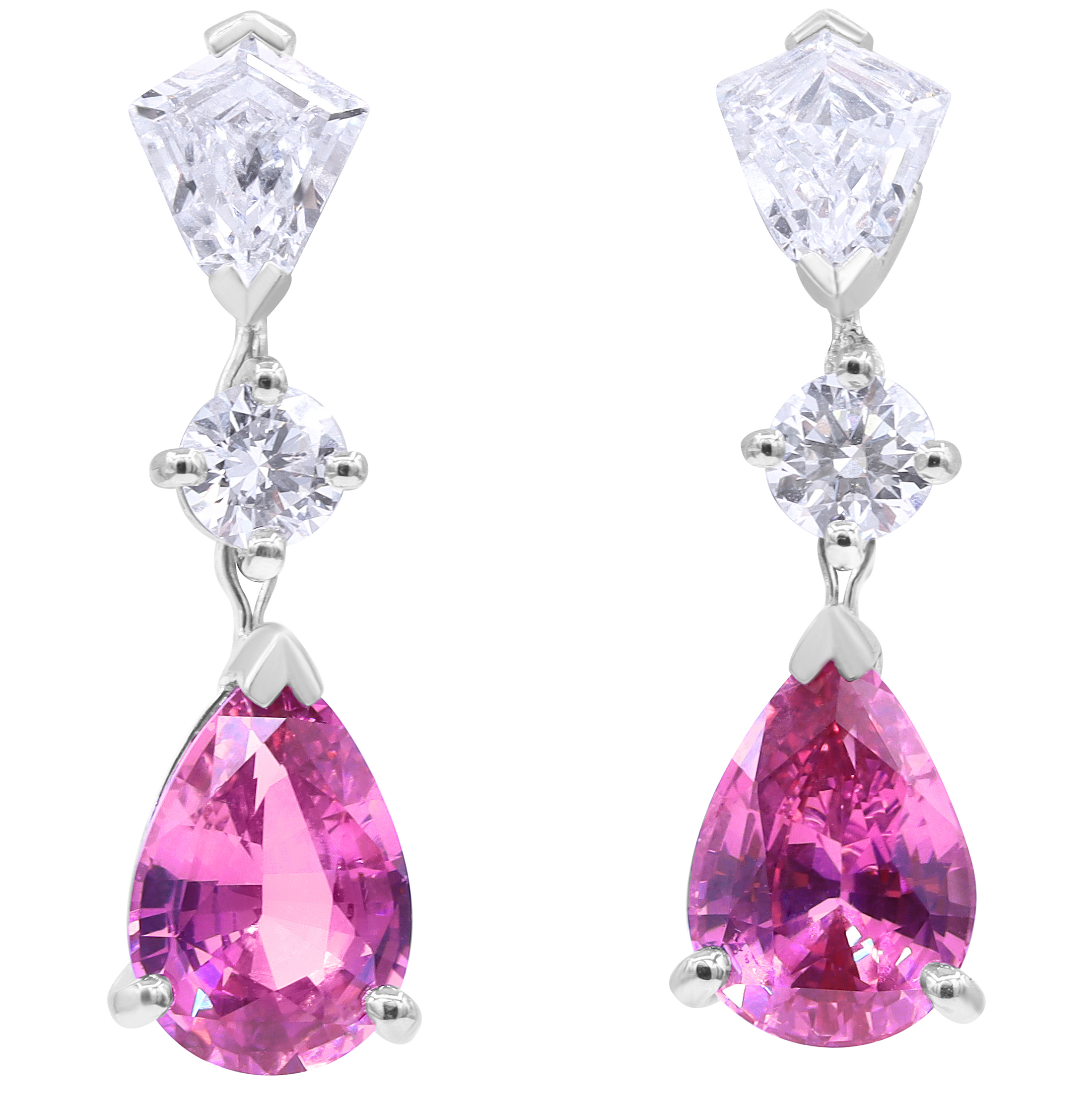Oscar Heyman Platinum Vivid Pink Pear Sri Lanka Sapphire and Diamond Drop Earrings