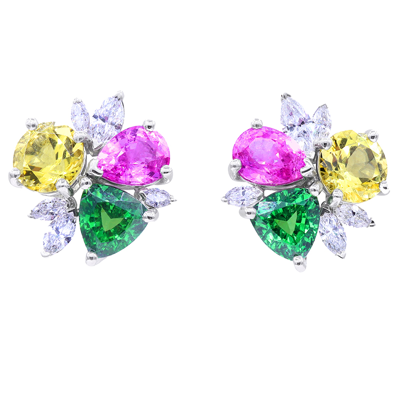Oscar Heyman Platinum Pink Sapphire, Green Tsavorite, Yellow Beryl and Diamond Earrings