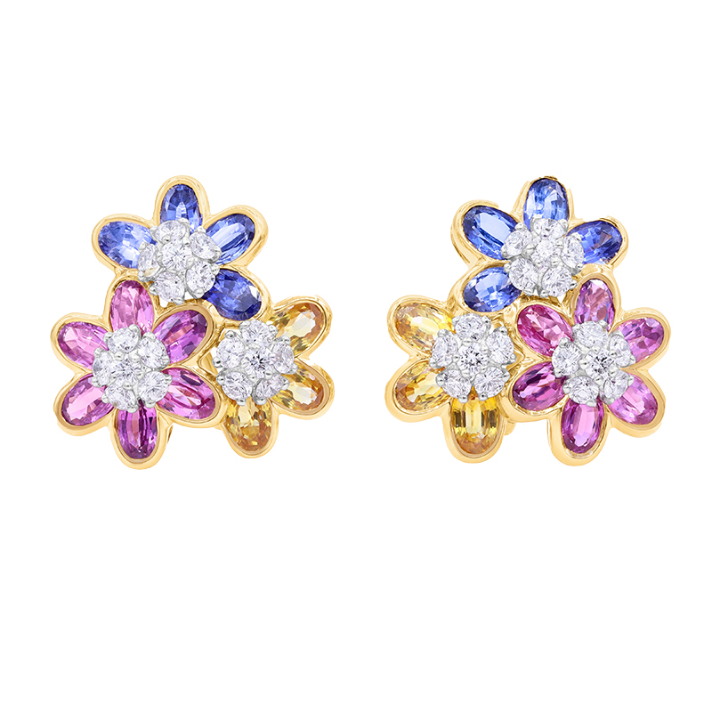 Oscar Heyman 18kt White Gold Blue, Pink and Yellow Sapphire and Diamond Earrings
