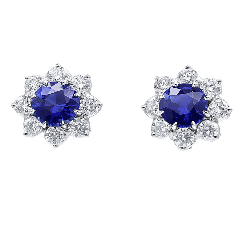 Oscar Heyman Platinum Blue Sapphire and White Diamond Halo Earrings