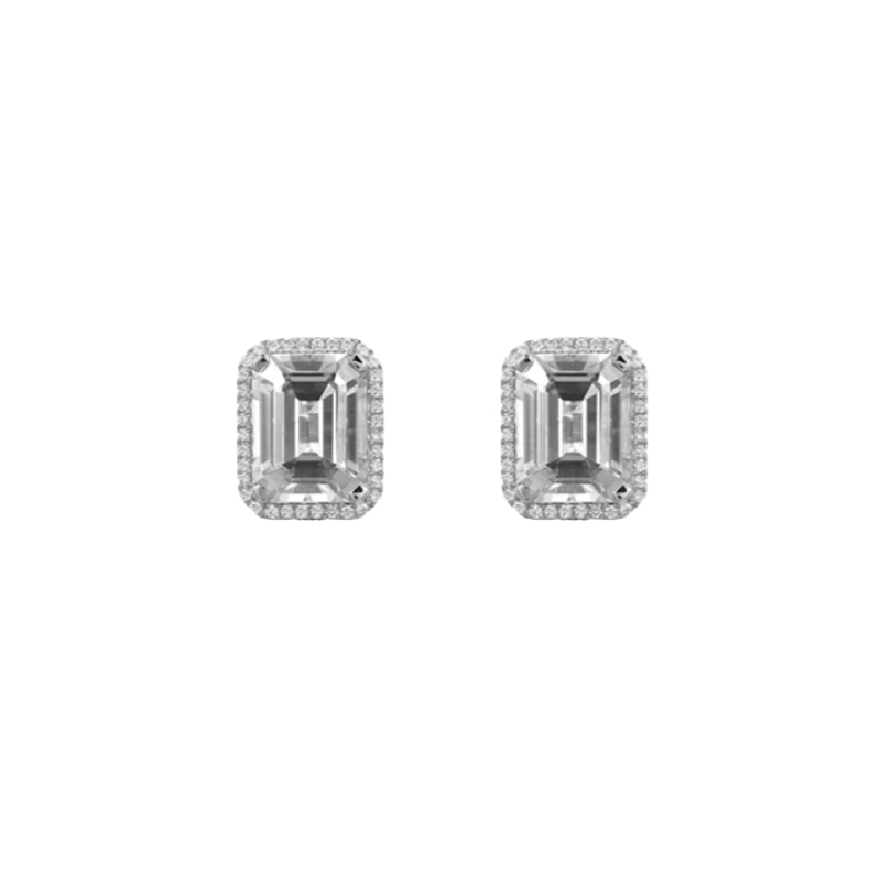 Goshwara 18kt White Gold Rock Crystal with Pave Diamond Halo Earrings