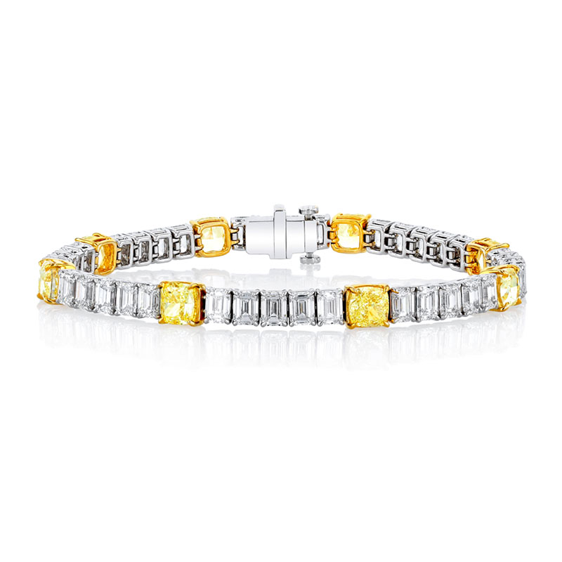 Korman Signature Platinum and Yellow Gold Yellow Asscher and Emerald Diamond Tennis Bracelet