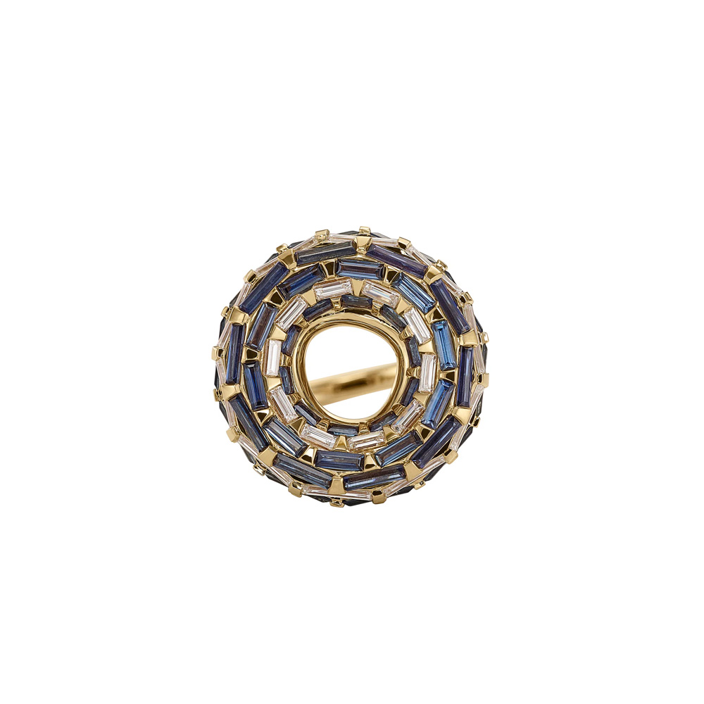 Artemer 18k Yellow Gold Saturn Moons Ring with Blue Sapphire & White Diamond Baguettes